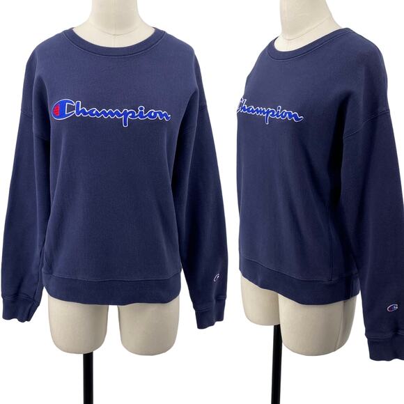Champion Tops - Vintage Y2k Champion Reverse Weave Crewneck Sweatshirt Pullover Spellout Navy L